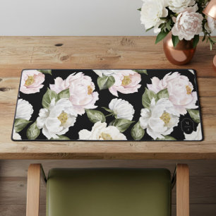 Bold White & Pink Peony Floral Pattern Monogram Desk Mat