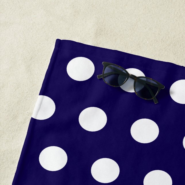 Bold White Polka Dots on Navy Blue  Beach Towel (In Situ)