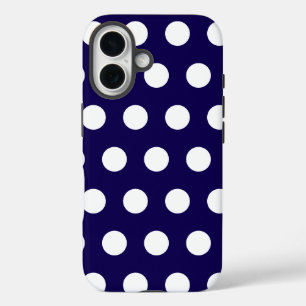 Bold White Polka Dots on Navy Blue iPhone 16 Case