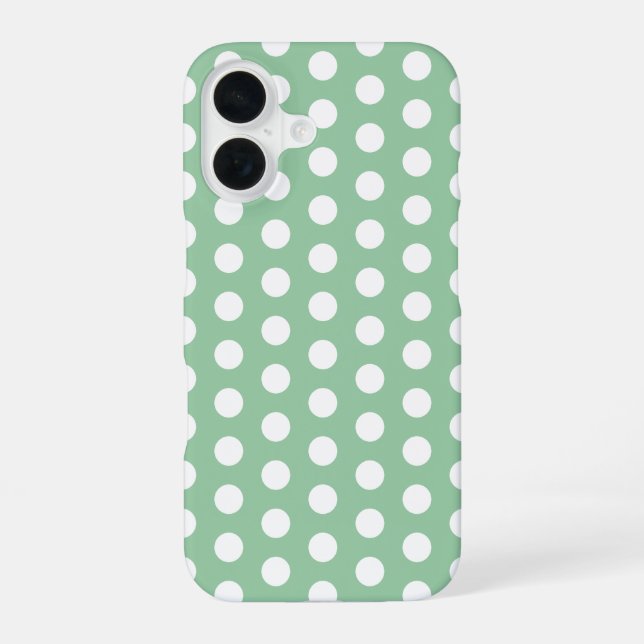 Bold White Polka Dots on Sage Green  iPhone 16 Case (Back)