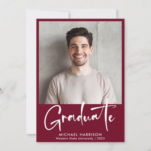 Bold White Script Photo Burgundy Graduation Announcement (Front)