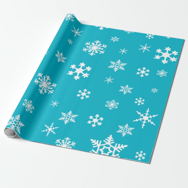 Bold White Snowflakes on Bright Scuba Blue Holiday Wrapping Paper (Unrolled)