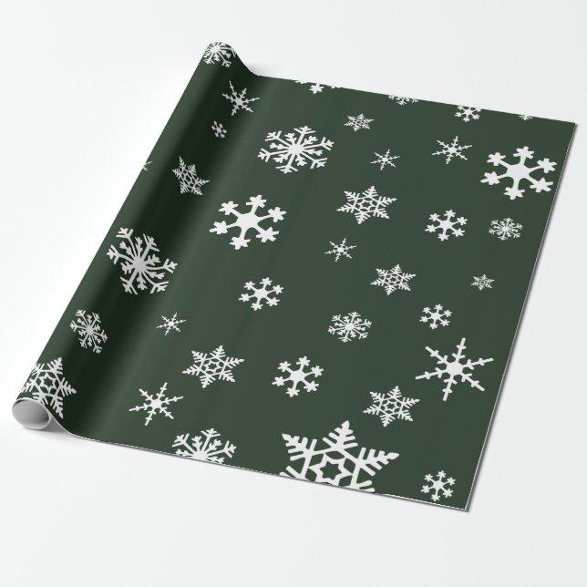 Bold White Snowflakes on Dark Evergreen, Holiday Wrapping Paper (Unrolled)