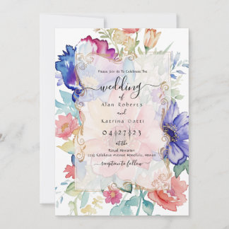  Bold Wildflower Garden Blue Pink Peach Floral  Invitation