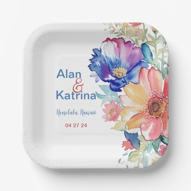 Bold Wildflower Paper Plate Blue Pink Peach  (Front)