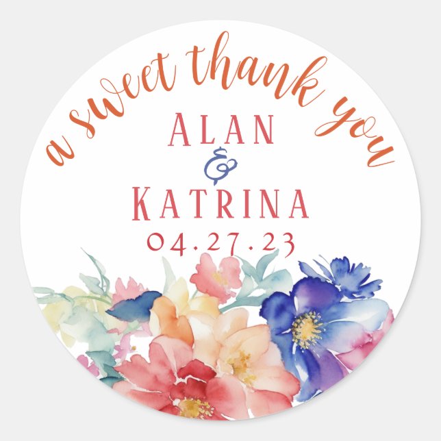 Bold Wildflower Round Sticker Blue Pink Peach (Front)