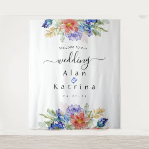 Bold Wildflower Wedding Tapestry  Blue Pink Peach