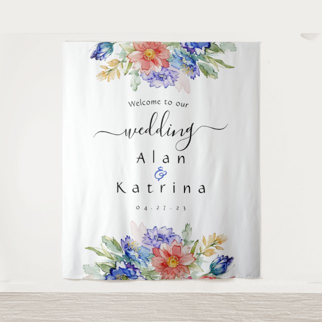 Bold Wildflower Wedding Tapestry  Blue Pink Peach (Front)