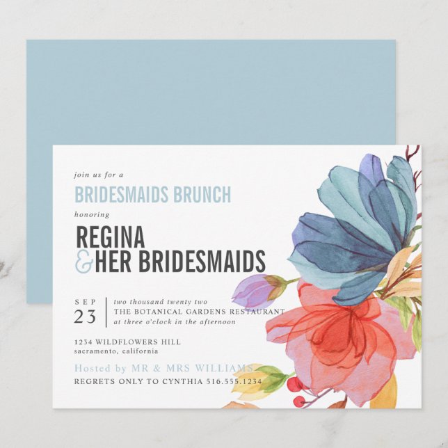 Bold Wildflowers Aqua Bridesmaids Brunch Luncheon Invitation (Front/Back)