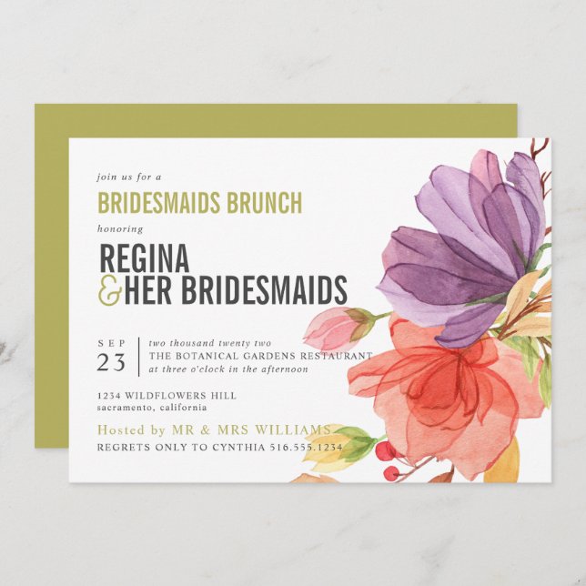 Bold Wildflowers Green Bridesmaids Brunch Luncheon Invitation (Front/Back)