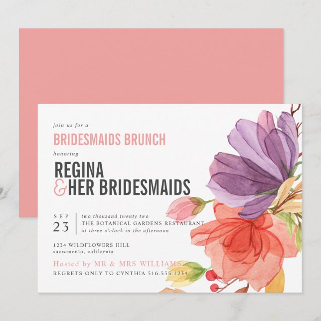Bold Wildflowers Pink Bridesmaids Brunch Luncheon Invitation (Front/Back)