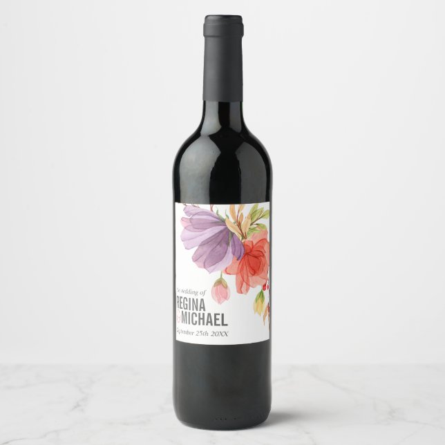 Bold Wildflowers Pink Monogram Wedding Wine Label (Front)