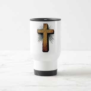 Bold Wooden Christian Cross Travel Mug