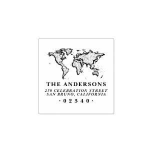 Bold World Map Formal Family Name & Return Address Rubber Stamp