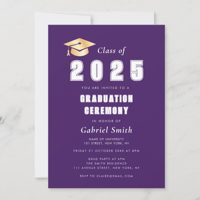 Bold Year purple graduation ceremony invitation (Front)