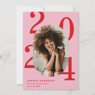 Bold Year Red Pink Oval Photo Frame Graduation Invitation