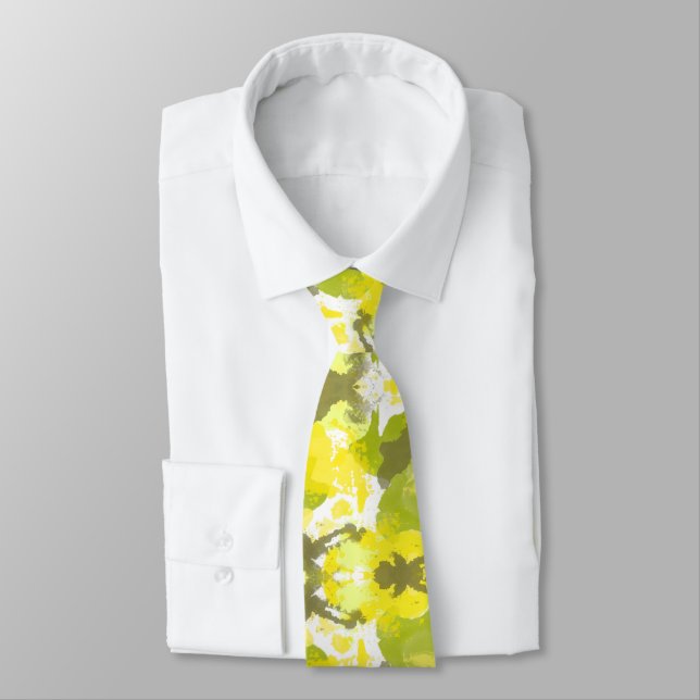 Bold Yellow and Green Abstract Camo Brush Pattern Tie (Tied)