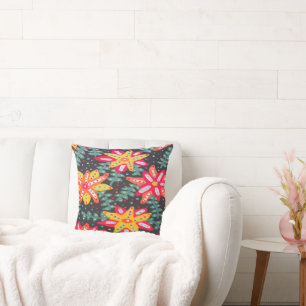 Bold Yellow and Orange Flowers Black Cushion