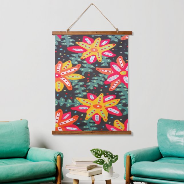Bold Yellow and Orange Flowers Black Hanging Tapestry (Living Room)