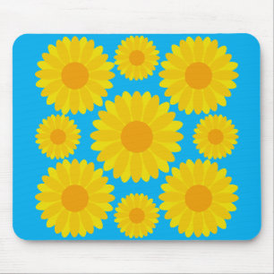 Bold Yellow and Orange Flowers on Blue Background  Mouse Mat