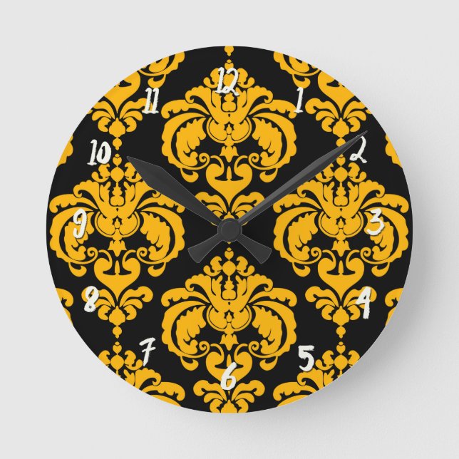 Bold Yellow & Black Damask Modern Personalised Round Clock (Front)