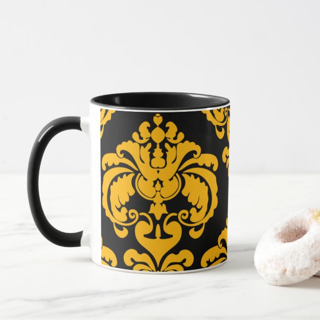 Bold Yellow & Black Elegant Chic Damask Pattern Mug (With Donut)
