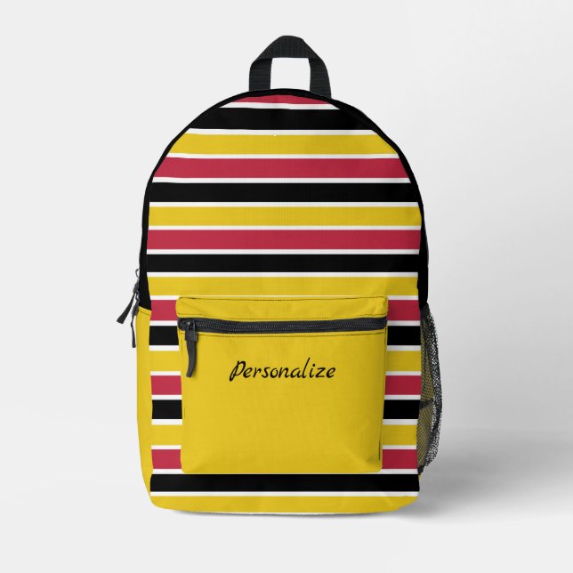 Bold Yellow Black Red Stripes – Personalised Name Printed Backpack (Front)