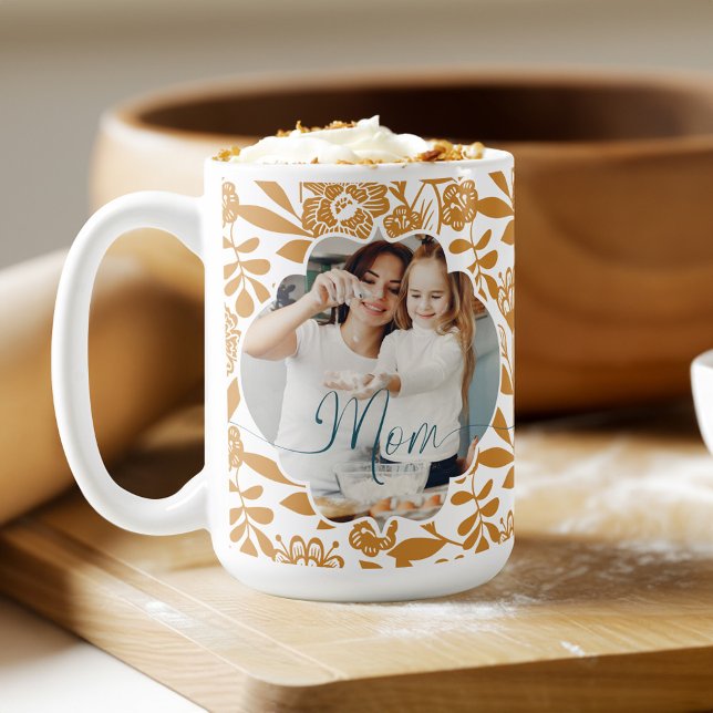 Bold Yellow Floral Pattern Mum Photo  Coffee Mug (Bold Yellow Floral Pattern Mom Photo Coffee Mug)