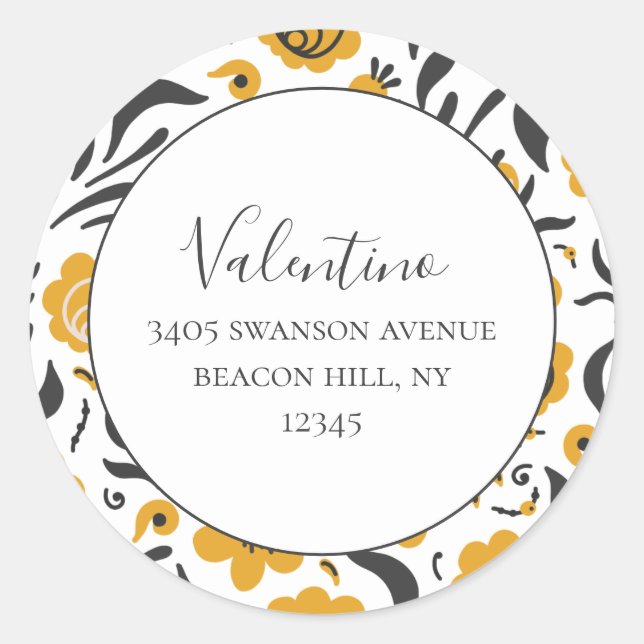 Bold Yellow Floral Return Address Round Sticker (Front)
