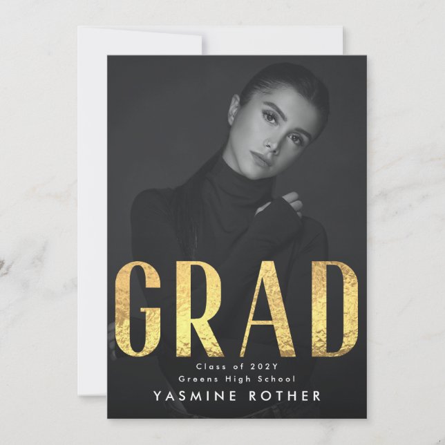 Bold Yellow Gold Foil Contemporary GRAD Photo Announcement (Front)