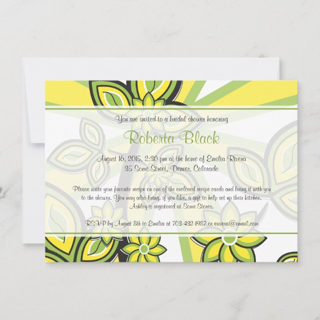 Bold Yellow Green Floral Recipe Bridal Shower Invitation (Front)