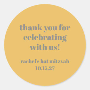 Bold Yellow Grey Custom Cute Bat Mitzvah Thank You Classic Round Sticker