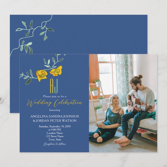 Bold Yellow Navy Blue Monogram Photo Wedding Invitation (Front/Back)
