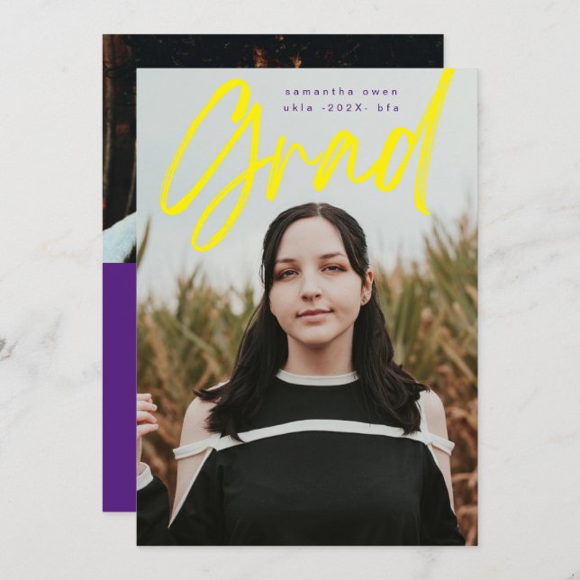 Bold Yellow Purple Brush Grad Modern Photo School Announcement (Front/Back)