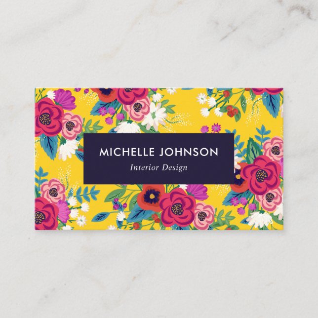 Bold Yellow Red Boho Floral Pattern Business Card (Front)