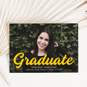 Bold Yellow Script Photo Graduation Announcement