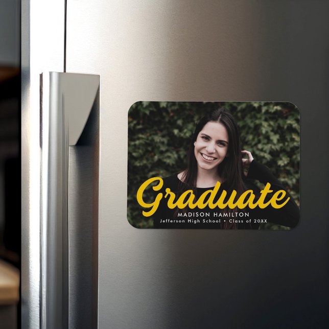 Bold Yellow Script Photo Graduation Announcement Magnet (Creator Uploaded)