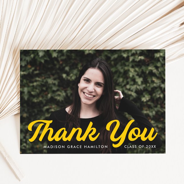 Bold Yellow Script Photo Graduation Thank You Card (Creator Uploaded)