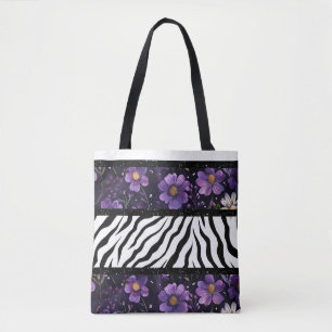 Bold zebra purple floral black colour tote bag