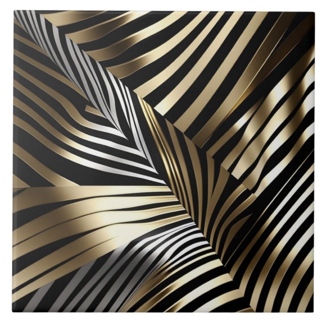 Bold Zebra Stripes - Black, Gold, Silver design Tile (Front)