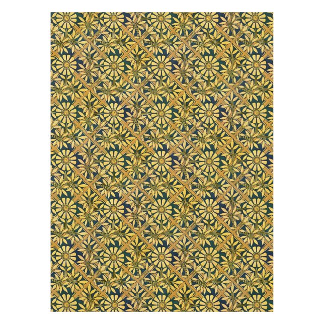 Bold Zinnia on a trellis in mustard yellow Tablecloth (Front)