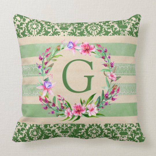 Boldly Romantic Floral Monogram Pillow (Green)