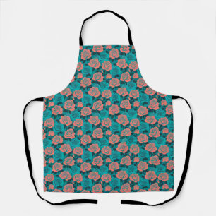 Boldly Stylized Roses In Shades Of Teal And Turquo Apron