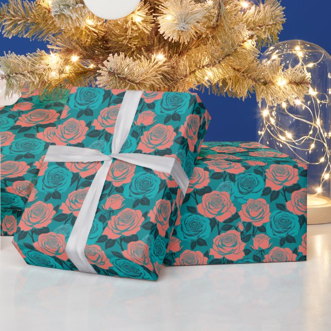 Boldly Stylized Roses In Shades Of Teal And Turquo Wrapping Paper (Holidays)