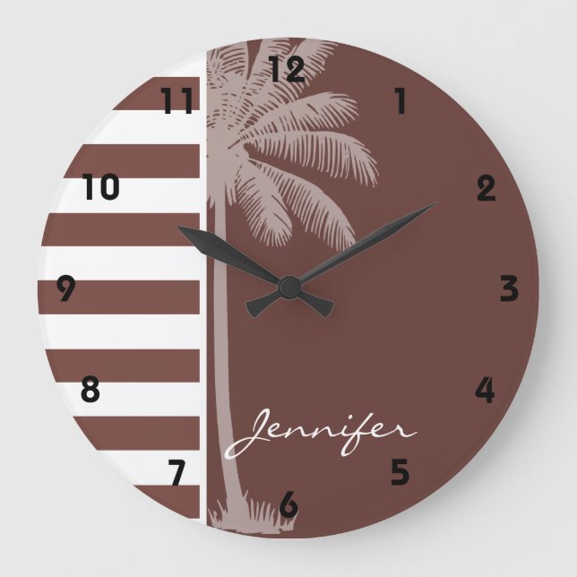 Bole Brown Stripes; Striped; Retro Palm Large Clock (Front)