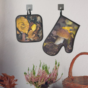 Bolete mushroom with yellow leaves oven mitt & pot holder set