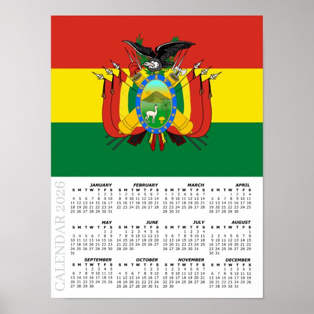 Bolivia 2026 Calendar, Large, Bolivian Flag Poster (Front)