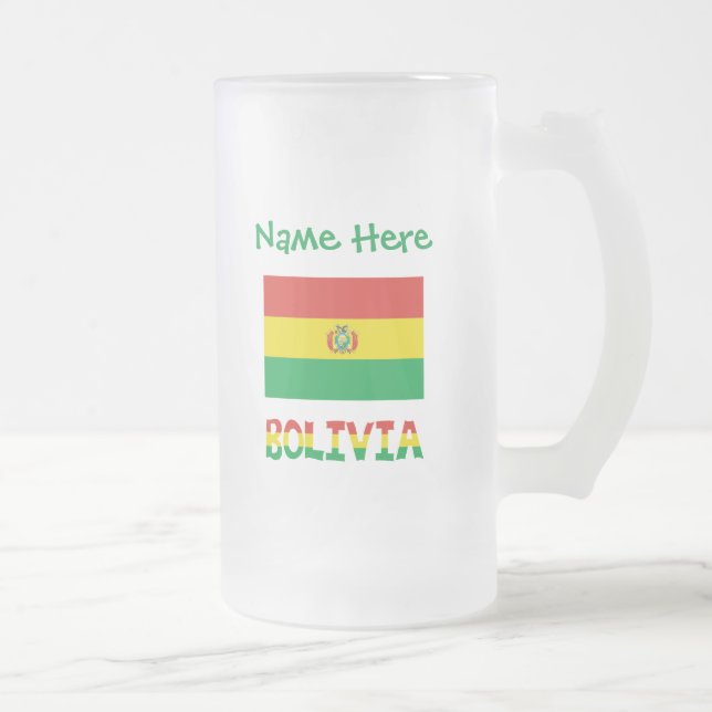 Bolivia Bolivian Flag Personalised Green Text Frosted Glass Beer Mug (Right)
