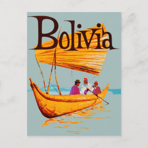 Bolivia, fishermen on the boat, vintage travel postcard