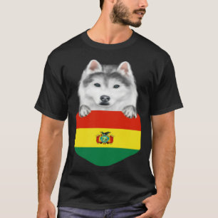 Bolivia Flag Siberian Husky Dog In Pocket T-Shirt